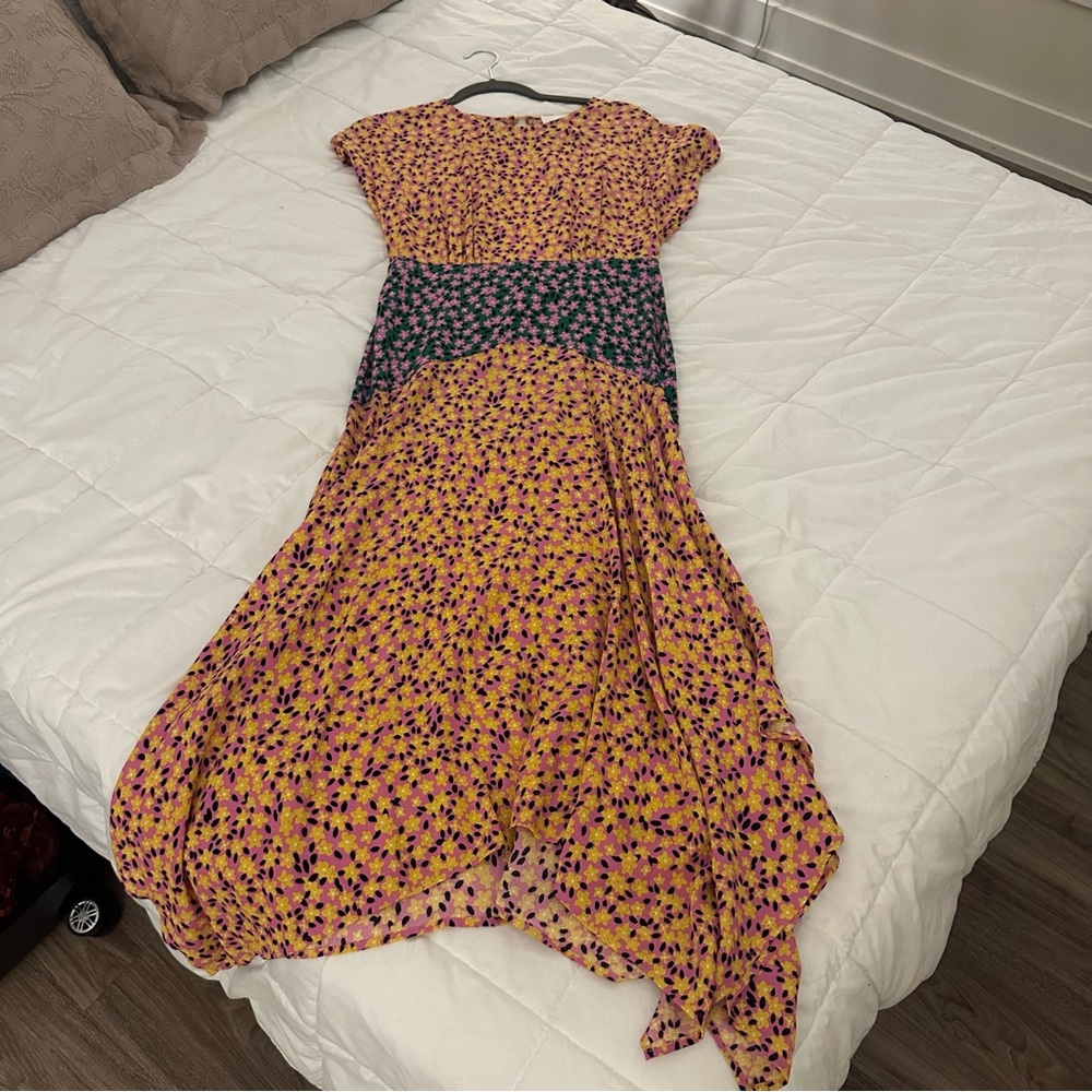Topshop Floral Color Block Drop Waist Midi Flowy Dress with Cutout Back